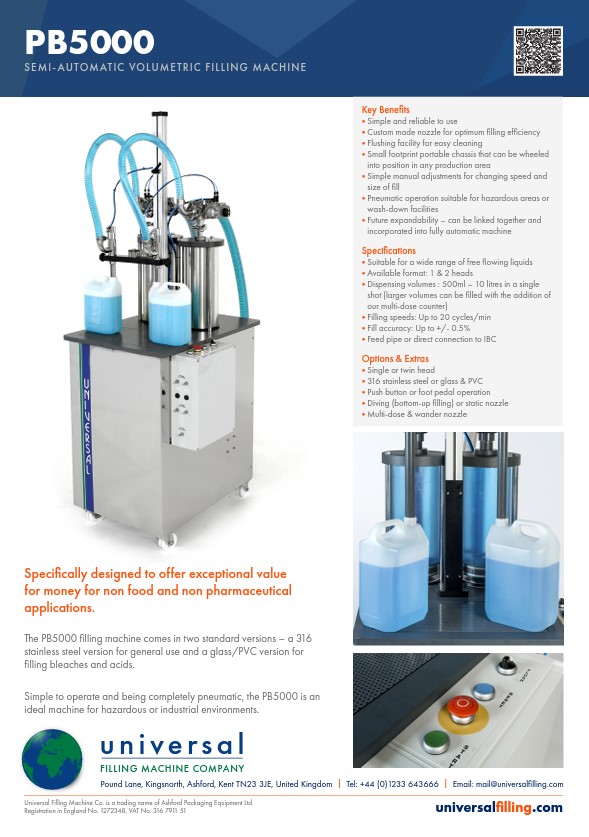 PB5000 SEMI-AUTOMATIC VOLUMETRIC FILLING MACHINE Data Sheet - dot B