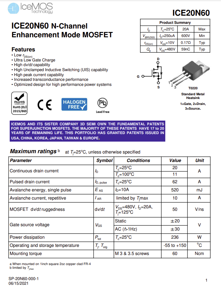 ICE20N60 N-Channel Enhancement Mode MOSFET Data Sheet