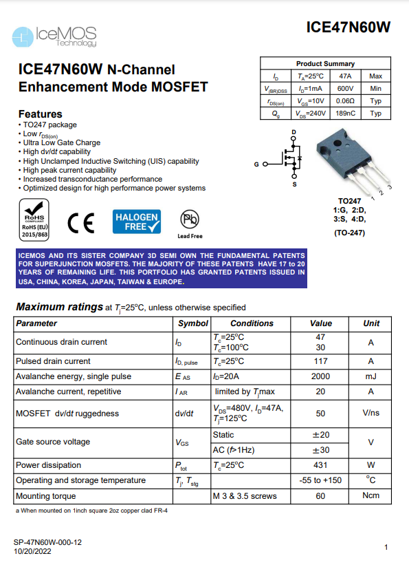 ICE47N60W N-Channel Enhancement Mode MOSFET Data Sheet