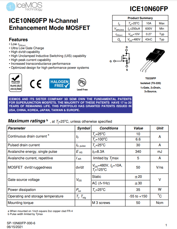 ICE10N60FP N-Channel Enhancement Mode MOSFET Data Sheet