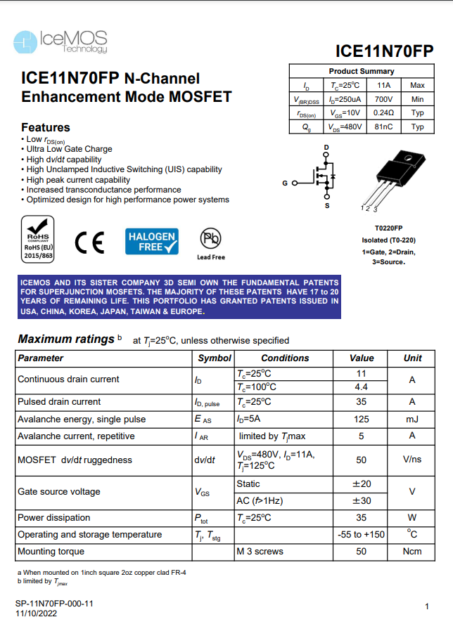 ICE11N70FP N-Channel Enhancement Mode MOSFET Data Sheet