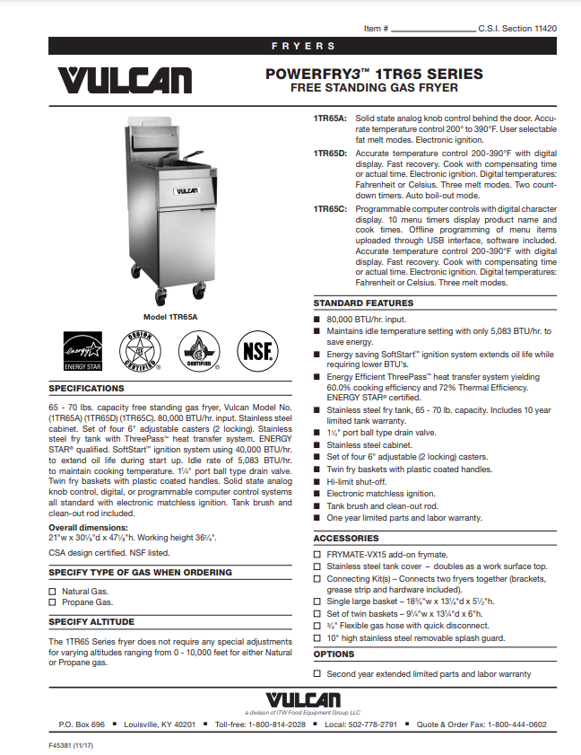 POWERFRY3 1TR65 SERIES FREE STANDING GAS FRYER Spec Sheet