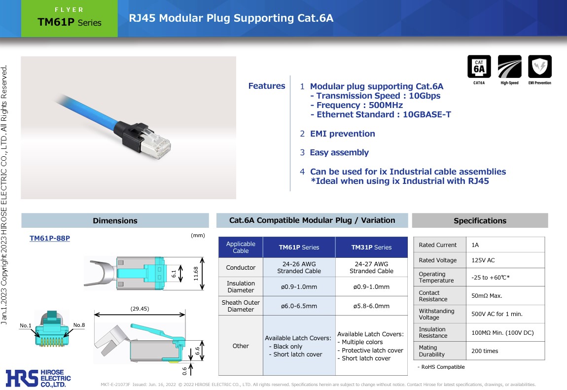 RJ45 Modular Plug Supporting Cat.6A TM61P Series