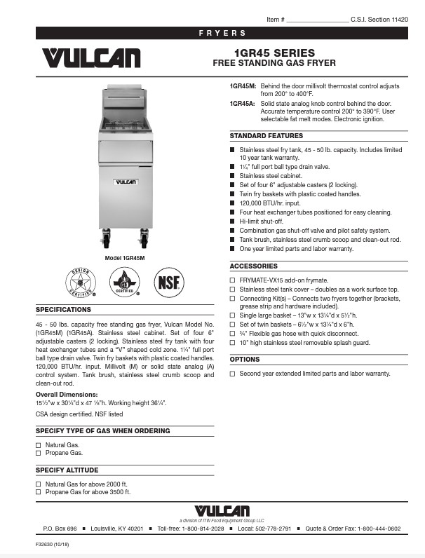 1GR45 SERIES FREE STANDING GAS FRYER Spec Sheet