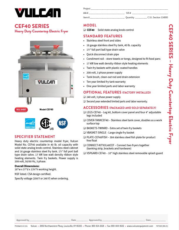 CEF40 SERIES Heavy Duty Countertop Electric Fryer  Spec Sheet