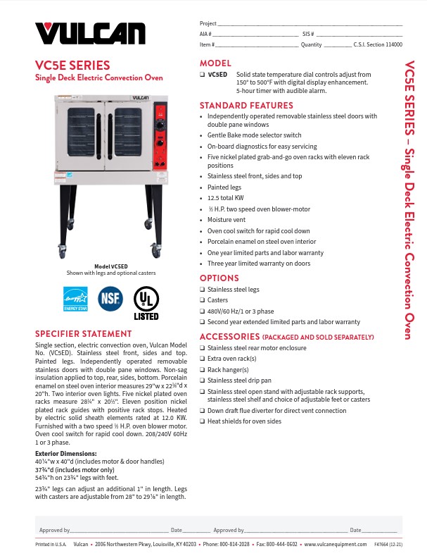 VC5E SERIES Single Deck Electric Convection Oven