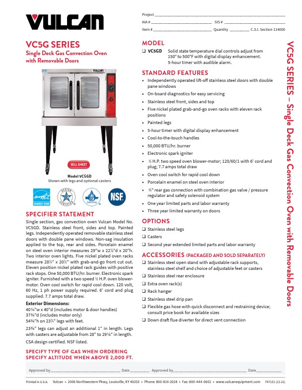 VC5G SERIES Single Deck Gas Convection Oven with Removable Doors
