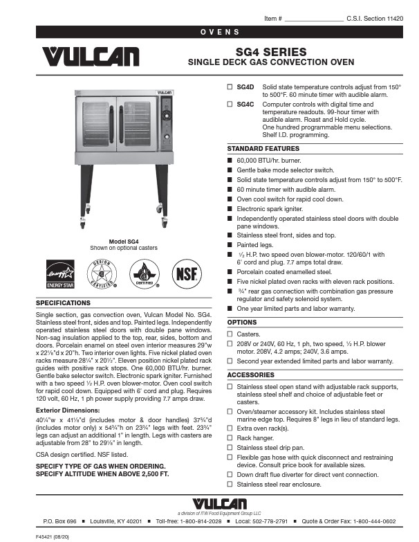 SG4 SERIES SINGLE DECK GAS CONVECTION OVEN