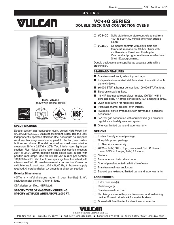 VC44G SERIES DOUBLE DECK GAS CONVECTION OVENS