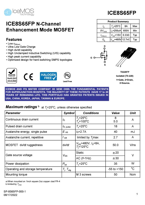 ICE8S65FP N-Channel Enhancement Mode MOSFET Data Sheet