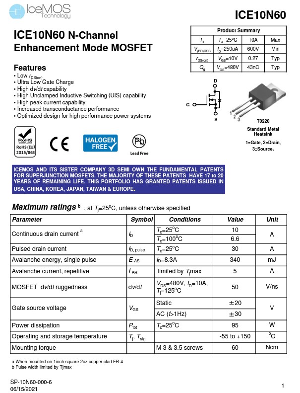 ICE10N60 N-Channel Enhancement Mode MOSFET Data Sheet